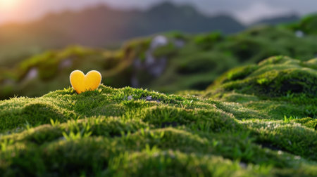 A vibrant yellow heart-shaped object rests on lush green moss, surrounded by mountains and soft sunlight, evoking feelings of love and tranquility in nature.の素材
