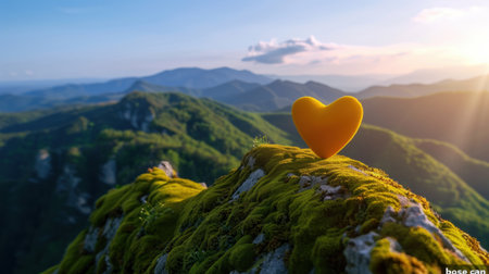A vibrant heart-shaped object sits atop a moss-covered rock on a mountain peak, framed by lush greenery and stunning views during sunset.の素材