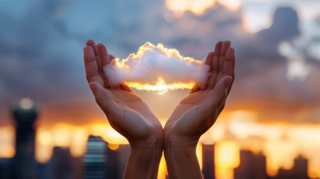 A pair of hands gently cradle a small cloud against a breathtaking sunset city skyline. This serene image captures the beauty of nature blending with urban life, symbolizing dreams and aspirations.の素材