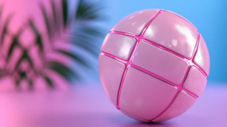 This artistic image showcases a glossy pink puzzle ball set against a vibrant backdrop with tropical leaves. The playful design adds a cheerful touch.の素材