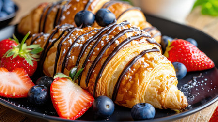 This image showcases beautifully arranged croissants drizzled with chocolate, accompanied by fresh strawberries and blueberries on a rustic wooden table.の素材