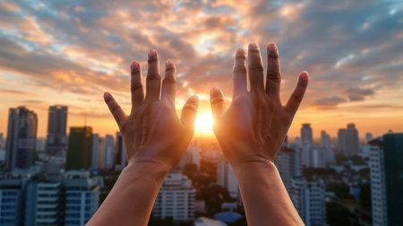 A pair of hands reaches toward a stunning sunrise overlooking a vibrant city skyline. Soft clouds contrast against warm sunlight, evoking feelings of hope and freedom.の素材