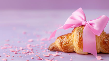 A beautifully styled croissant adorned with a pink ribbon sits atop a soft purple background, surrounded by delicate sprinkles, enhancing the dessert's appeal.の素材