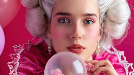 A stunning portrait showcasing a young woman with elegant hair and captivating makeup, surrounded by dreamy pink balloons and a translucent bubble, exuding charm and creativity.の素材