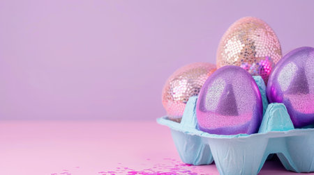 A captivating arrangement of colorful and glittery Easter eggs placed in a light blue egg carton on a soft purple background, perfect for spring celebrations.の素材