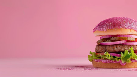 This vibrant sweet burger features a pink bun, fresh lettuce, and colorful onion and pickles. Ideal for playful culinary projects and fun food photography.の素材