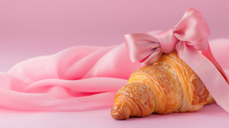 A beautifully styled croissant adorned with a pink ribbon, set against a soft pink background. This image captivates with its delightful presentation, perfect for food lovers and bakery enthusiasts alike.の素材