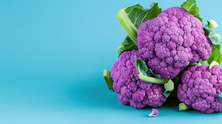 This image showcases fresh purple cauliflower stacked elegantly on a vibrant blue background, with natural green leaves adding an organic touch, perfect for culinary themes.の素材