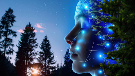 A serene female profile merges with cosmic elements in a tranquil forest setting during twilight, capturing the essence of nature and technology harmoniously.の素材