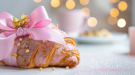 A beautifully decorated croissant coated in pink icing and adorned with a ribbon sits elegantly, encircled by soft bokeh lights, perfect for celebrations.の素材
