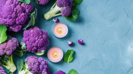 Bright purple cauliflower surrounded by soft candles on a textured blue background, perfect for showcasing fresh produce and inviting healthy lifestyle choices.の素材