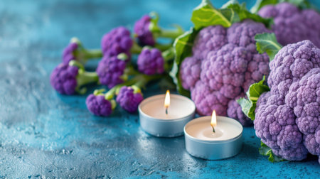 A beautiful arrangement of fresh purple cauliflower beside glowing candles on a vivid blue background, perfect for culinary inspiration and wellness themes.の素材