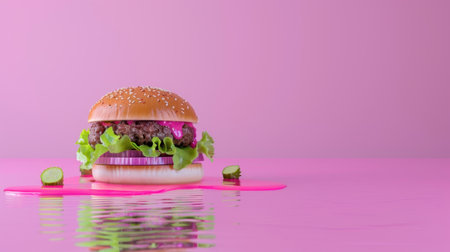 A colorful hamburger sits proudly against a pink backdrop, showcasing fresh ingredients like lettuce and onion, creating a visually appealing and modern culinary scene.の素材