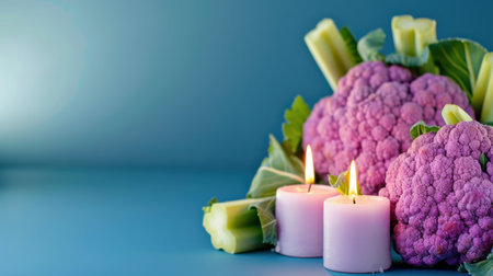 This still life image features vibrant purple cauliflower and crisp celery stalks, complemented by soft pink candles on a serene blue background, ideal for wellness or culinary projects.の素材