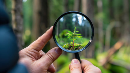 A person holds a magnifying glass, focusing on a young seedling surrounded by lush greenery in a serene forest setting, illustrating nature's details.の素材