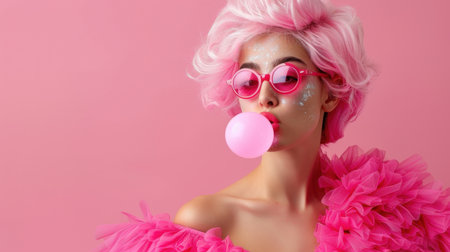 A stylish young woman with bright pink hair and playful bubble gum poses against a soft pink background. This vibrant fashion portrait embodies fun and creativity.の素材