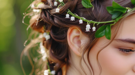 A beautiful young woman showcases a delicate floral crown, enhancing her elegant hairstyle. The soft sunlight highlights her natural charm in an outdoor setting.の素材