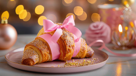 A beautifully styled croissant adorned with a pink ribbon and sparkles, perfect for holiday celebrations or special occasions. Ideal for food photography.の素材