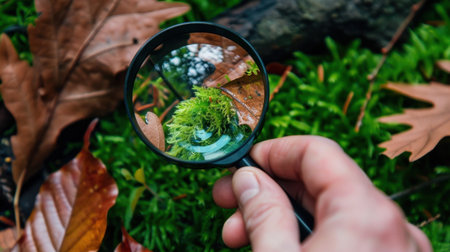 A hand holds a magnifying glass, revealing intricate details of moss and fallen leaves in an autumn forest. Nature invites exploration and wonder.の素材
