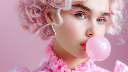 Portrait of a young woman with curly pink hair blowing bubblegum, showcasing a playful and joyful mood in a vibrant pink studio setting.の素材