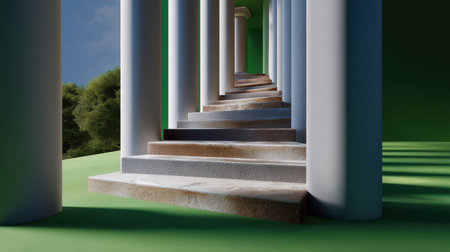 A beautiful perspective view of classical columns framing an inviting staircase. This serene pathway blends architecture with nature, encouraging exploration and reflection.の素材