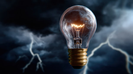 A light bulb shines brightly against a tumultuous thunderstorm backdrop, representing inspiration and creativity amidst chaos. Perfect for concept visuals.の素材