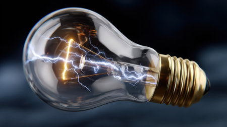 This image showcases a luminous electric light bulb featuring a vibrant electric arc within. The transparent design against a dark backdrop highlights innovation in lighting technology.の素材
