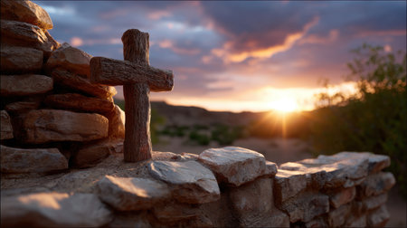 A serene sunset casts a warm glow over a desert landscape featuring a rustic wooden cross and a stone wall, symbolizing faith and tranquility in nature.の素材