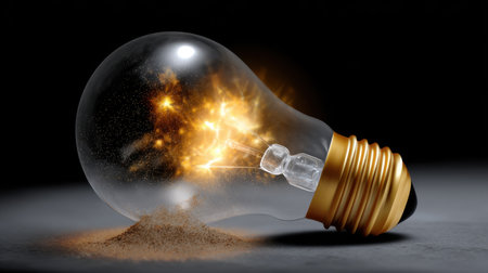 A captivating image of a shattered light bulb with sparks emerging from the glass, resting on a bed of sand, set against a dark background.の素材