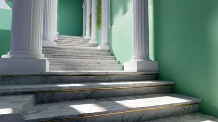 Discover a serene view of elegant marble steps framed by classic columns against a minimalist green backdrop, ideal for showcasing architectural elegance.の素材
