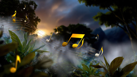Captivating scene of a vibrant landscape blending nature and music. Golden musical notes float amidst trees and clouds, creating a serene atmosphere filled with beauty.の素材