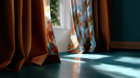 Soft sunlight filters through elegant drapes with vibrant patterns, creating a warm and inviting atmosphere in a cozy room. Ideal for home decor inspiration.の素材