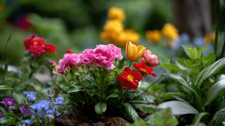A breathtaking display of colorful flowers blooming in a lush garden, showcasing vibrant petals and rich greenery under the soft glow of natural light.の素材