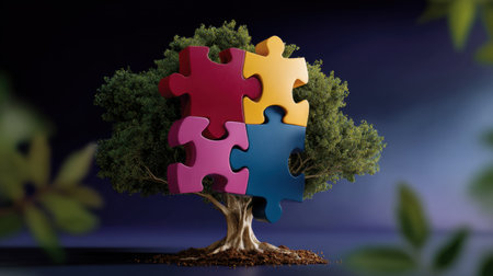 A vibrant tree adorned with colorful puzzle pieces symbolizes unity and growth, representing collaboration and innovative ideas in a natural environment. Ideal for concept visuals.の素材