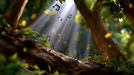 A captivating forest scene featuring sunlight streaming through trees, surrounded by floating musical notes. A serene and enchanting atmosphere that invites creativity and inspiration.の素材