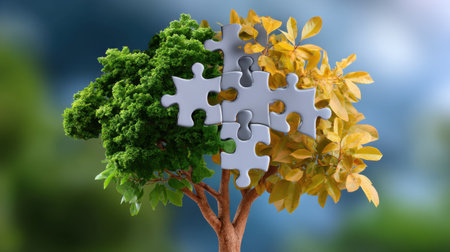 This image depicts a tree with vibrant green and yellow leaves, intertwined with puzzle pieces, symbolizing change, transformation, and the beauty of nature's cycles.の素材