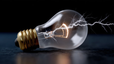 A captivating electric light bulb on a dark surface, showcasing a lightning effect. This mesmerizing image symbolizes energy and innovation, perfect for creative projects.の素材