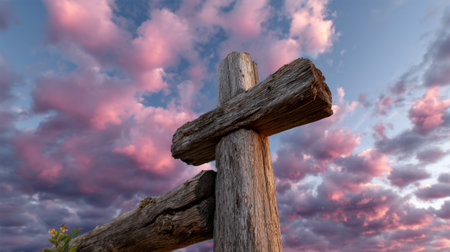 A rustic wooden cross stands tall against a vibrant sky filled with colorful clouds at sunset. This serene image captures the essence of faith and tranquility in nature.の素材