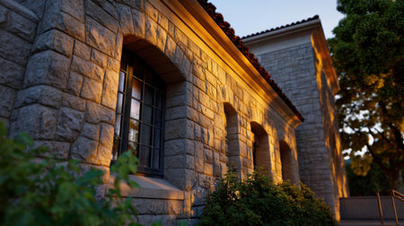 This image captures the warm evening sunlight illuminating a stone building, highlighting its intricate textures and surrounding greenery.の素材