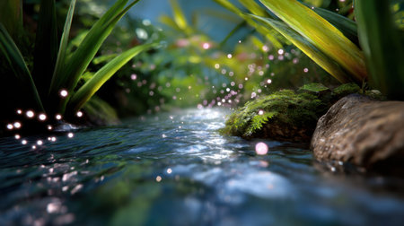 A tranquil stream flows through lush greenery, featuring beautiful moss-covered rocks and sparkling water bubbles. Perfect for nature lovers.の素材