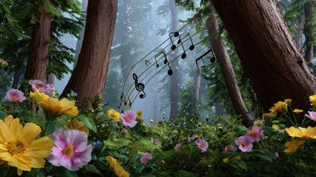 A magical forest scene filled with vibrant flowers and musical notes appearing among tall tree trunks. A serene and peaceful atmosphere invites viewers to connect with nature's beauty.の素材