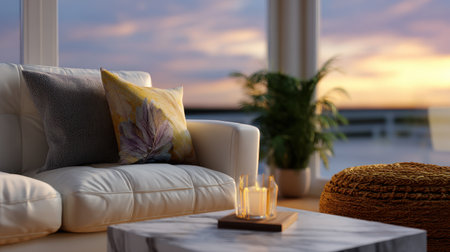 A serene indoor living space featuring a soft white couch adorned with decorative cushions, complemented by candlelight, and a stunning sunset view.の素材