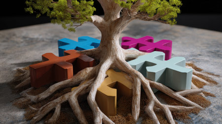 This artistic depiction features colorful game pieces integrated with tree roots, symbolizing connection and growth in an imaginative and textured landscape.の素材