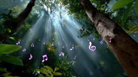 An enchanting scene in a forest where sunlight beams filter through the trees, and musical notes float in the air, creating a magical atmosphere of tranquility.の素材