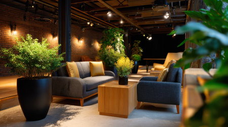 Explore a cozy lounge interior featuring modern furniture, inviting decor, and lush plants. The warm lighting enhances the relaxing atmosphere, perfect for intimate gatherings.の素材