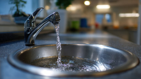 A silver faucet pours clear water into a stainless steel sink, highlighting modern kitchen design and the importance of cleanliness and hygiene in the home.の素材