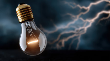 A captivating image of a glowing light bulb with lightning in a dramatic stormy background, symbolizing electricity and innovation against natureの素材