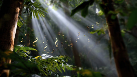 Beautiful forest scene with sunlight filtering through the trees, creating a serene atmosphere. Musical notes float above lush greenery, enhancing the tranquil vibe.の素材