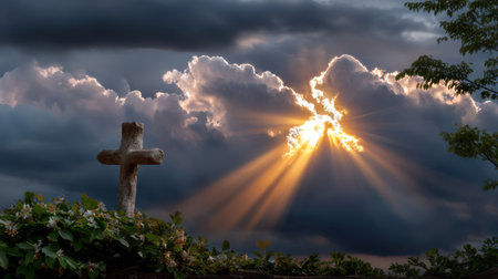 A striking image featuring a cross silhouetted against a dramatic sky filled with dark clouds and golden sunlight rays, symbolizing hope and spirituality.の素材