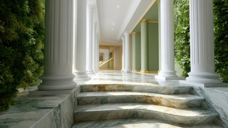 This stunning image features an elegant marble corridor adorned with columns and lush greenery, creating a serene and luxurious atmosphere. Ideal for architectural themes.の素材